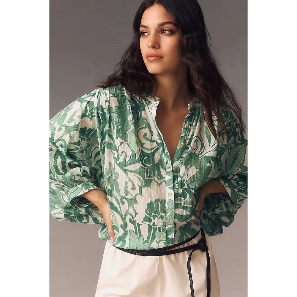 100% Cotton Pilcro Green and White Floral Bat-wing Blouse 2X